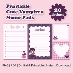 Puede incluir: Un conjunto de blocs de notas imprimibles con 20 diseños de temática vampírica. Las hojas incluyen una lista de tareas con viñetas de corazón, una página de notas con un personaje vampiro y blocs cuadrados con gráficos de murciélagos y corazones.
