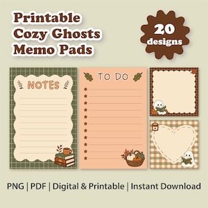 Puede incluir: Un conjunto de blocs de notas imprimibles con 20 diseños que incluyen ilustraciones de fantasmas acogedores, hojas de otoño, calabazas y libros. La colección incluye notas con líneas y listas de tareas en tonos marrón, verde y crema.