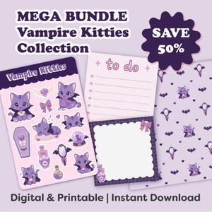 Puede incluir: Un paquete de papelería digital con Vampire Kitties que presenta ilustraciones en morado y rosa de gatos, ataúdes, pociones y espejos. Incluye una hoja de pegatinas, una lista de tareas, un bloc de notas y papel estampado con el texto Mega Bundle.