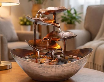Fontana da tavolo con cascata a forma di foglia di loto, elemento d'acqua zen per interni, decorazione Feng Shui per casa e ufficio, regalo ideale per relax e meditazione.