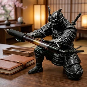 May include: A dark metallic samurai figurine in a kneeling position, holding a long black and gradient-coloured pen horizontally with both hands. The warrior wears detailed armour and a helmet, with a sword hilt visible protruding from the back.