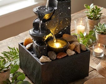 Fontana da tavolo per interni, cascata a più livelli, decorazione zen per scrivania, fontana rilassante per casa e ufficio con luce LED e pietre