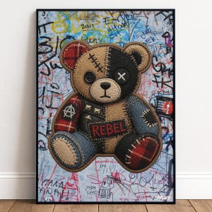 Rebel Punk Teddy Bear Graffiti Street Print, Edgy Patchwork Bear Decor
