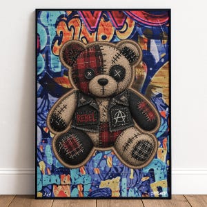 Rebel Punk Teddybeer Muurdecoratie, Graffiti Street Art Print, Anarchistische Beer Decoratie