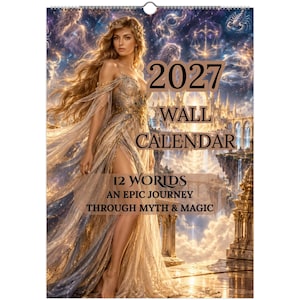 May include: A 2027 wall calendar featuring a fantasy illustration of a figure with long flowing hair in a gold and blue gown. The text reads 2027 WALL CALENDAR 12 WORLDS AN EPIC JOURNEY THROUGH MYTH & MAGIC against a backdrop of celestial signs.