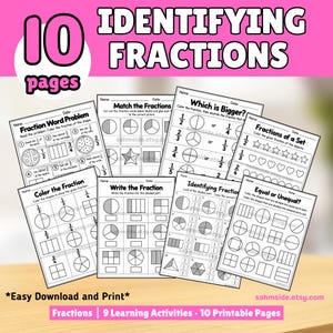 Puede incluir: Un conjunto de 10 hojas de trabajo educativas imprimibles tituladas Identifying Fractions, que presentan ejercicios de matemáticas en blanco y negro que incluyen problemas, emparejamientos, comparaciones y actividades de colorear.