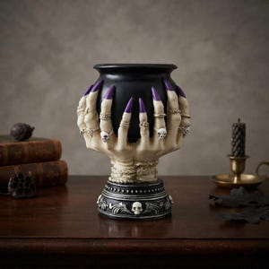May include: A black bowl held by two pale, skeletal hands with long purple fingernails. The hands are adorned with multiple silver rings, including skull designs. The base is black with silver filigree and small skull accents at the bottom.