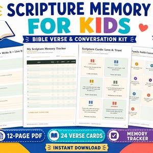 May include: A Scripture Memory for Kids Bible verse and conversation kit featuring a 12-page PDF, 24 verse cards, and a memory tracker. The pages include Read It, Say It, Write It, Live It prompts, a Scripture Memory Tracker, and conversation cards.