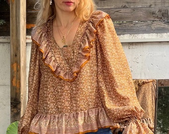 Indische Seidenbluse mit Maxi-Puffärmeln,Romantisches Hemd,Seidenblumenhemd,Großes Rüschenhemd