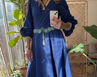 Custom Made BLUE MOON DRESS Bohemian dress, Wrap cotton dress, Prairie wrap dress, 70's era dress