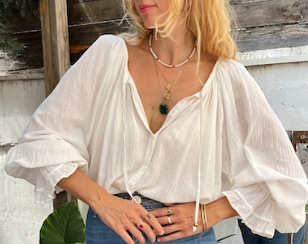 LUNA BLUSE/Bluse nach Maß/Boho Bluse/Gauzy Bluse/Baumwollbluse/Prairie Bluse/Lange Ärmel natürliche Bluse/Hippie Bluse,Französisch