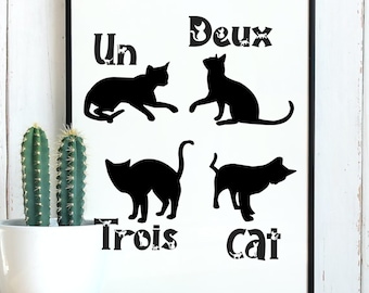 Un Deux Trois Cat Wall Art Prints, Cat Lover Gift, Wall Art Bathroom, Cute Cat Graphic, Wall Art Decor, Ready to Print 4 Sizes