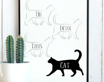 Un Deux Trois Cat Wall Art Prints, Cat Lover Gift, Wall Art Bathroom, Cute Cat Graphic, Wall Art Decor, Ready to Print 4 Sizes