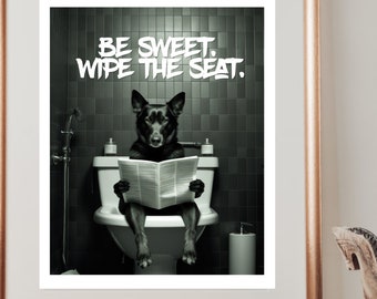 German Shepherd Dog on Toilet Wall Art Printable, Bathroom Wall Art, Dog Lover Gift, Cute Dog Graphic, Wall Art Decor Ready to Print 4 Sizes