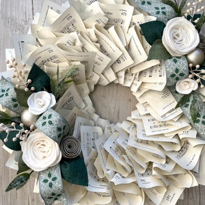 Winter Wreath, Hymnal Music Wreath, Christmas Wreath with Green Holly Ribbon, White Felt Roses, Silvery Sparkle,  20”