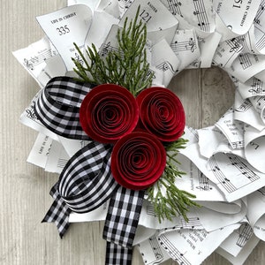 Christmas Wreath, Black & White Gingham Ribbon, Nostalgic Wreath, Farmhouse Christmas, Music Wreath, Winter Wreath, Red Paper Flowers, 10 image 2