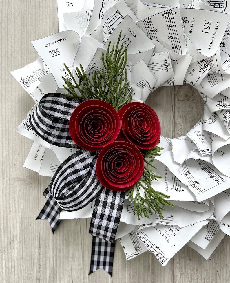 Christmas Wreath, Black & White Gingham Ribbon, Nostalgic Wreath, Farmhouse Christmas, Music Wreath, Winter Wreath, Red Paper Flowers, 10 image 2