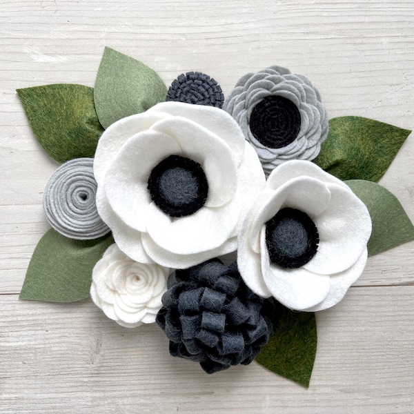 Loose Felt Flowers, Neutral Felt Flowers, White, Black & Gray, Set of 7 Flowers with Leaves