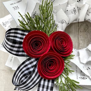 Christmas Wreath, Black & White Gingham Ribbon, Nostalgic Wreath, Farmhouse Christmas, Music Wreath, Winter Wreath, Red Paper Flowers, 10 image 3