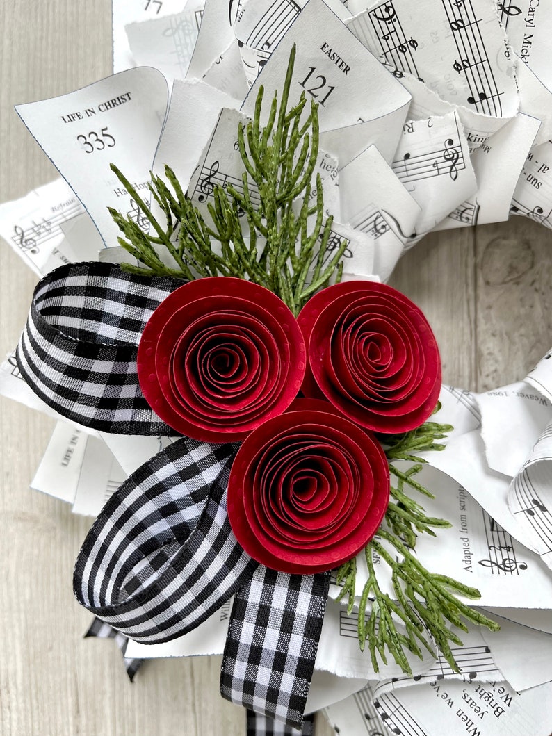 Christmas Wreath, Black & White Gingham Ribbon, Nostalgic Wreath, Farmhouse Christmas, Music Wreath, Winter Wreath, Red Paper Flowers, 10 image 3