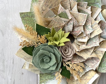 Ready to ship - Map Wreath, USA Map, Topographic Map Paper Wreath with Felt Flowers, Green, Tan 12”