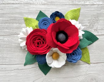 Patriotic Summer Felt Flowers, Red, White and Blue, Assembled Flowers, Individual Flowers, Set of 9 Flowers with Leaves