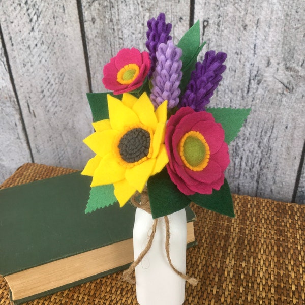 Summer Sunflower Felt Flower Bouquet, Bright Yellow, Fuchsia, Purple Choose with or without Vase