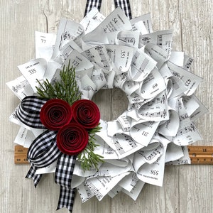 Christmas Wreath, Black & White Gingham Ribbon, Nostalgic Wreath, Farmhouse Christmas, Music Wreath, Winter Wreath, Red Paper Flowers, 10 image 5