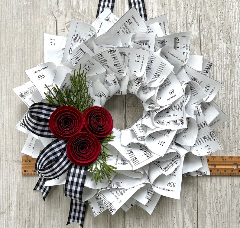 Christmas Wreath, Black & White Gingham Ribbon, Nostalgic Wreath, Farmhouse Christmas, Music Wreath, Winter Wreath, Red Paper Flowers, 10 image 5