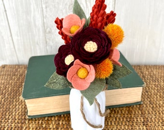 Fall Felt Flower Bouquet, Copper & Burgundy, Choose with or without painted vase