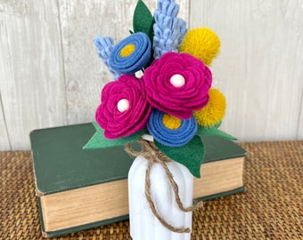 Vibrant Felt Flower Bouquet, Fuchsia Pink & Blue, Choose with or without painted vase