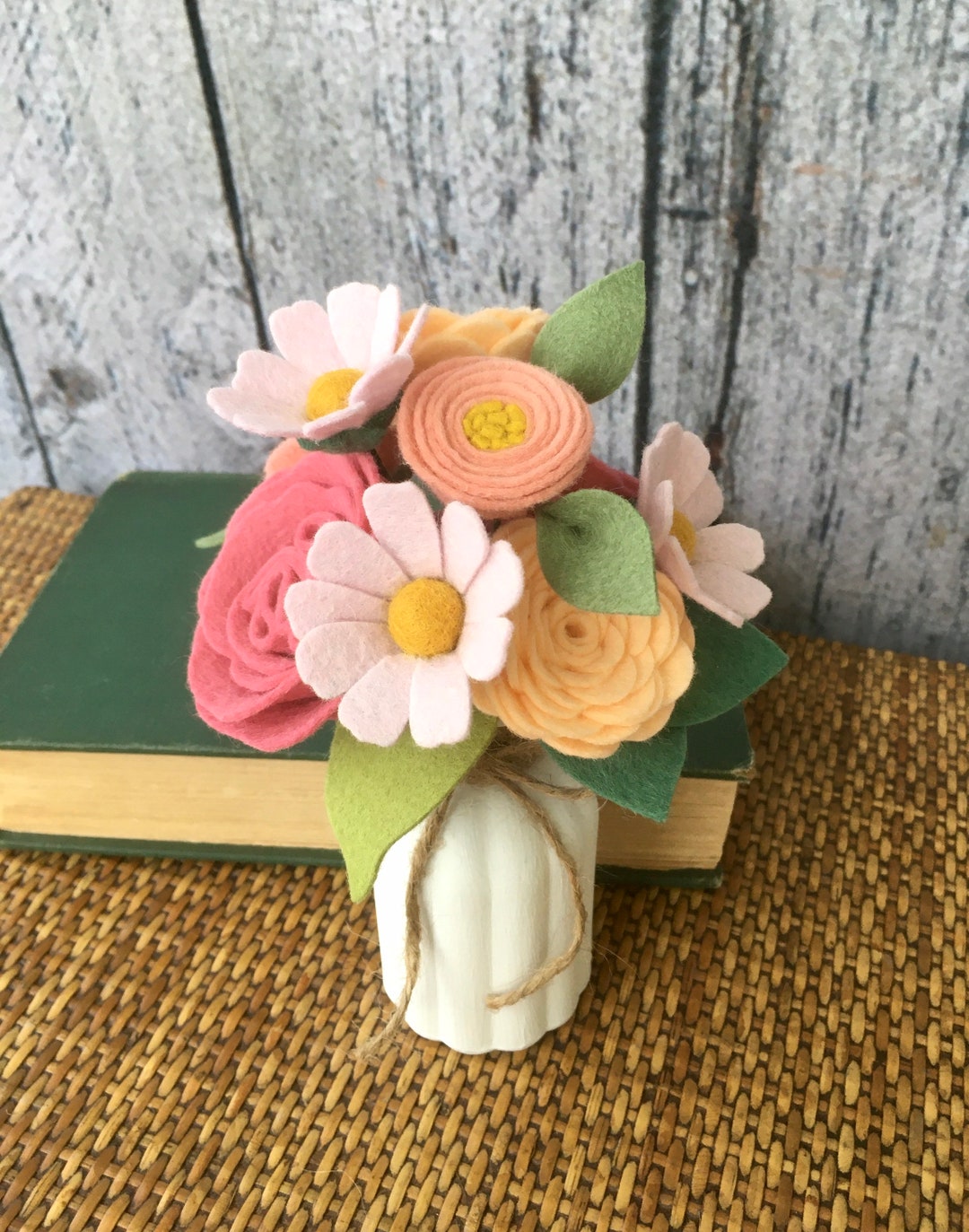 Pinks & Peach Felt Flower Bouquet Cabbage Rose Mini Daisy Etsy