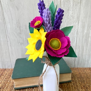 Summer Sunflower Felt Flower Bouquet, Bright Yellow, Fuchsia, Purple Choose with or without Vase
