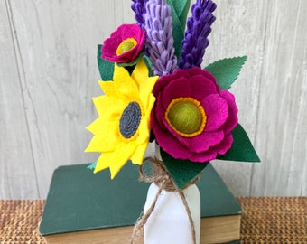 Summer Sunflower Felt Flower Bouquet, Bright Yellow, Fuchsia, Purple Choose with or without Vase