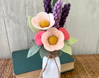 Spring Felt Flower Bouquet, Lavender and Coral, Choose with or without Vase