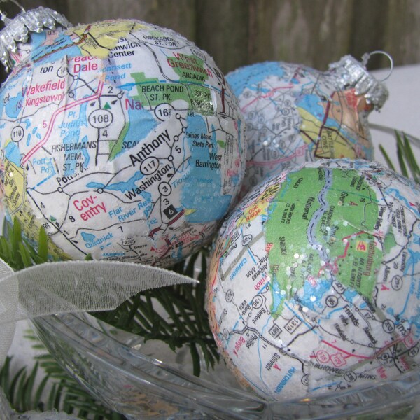 Set of 3 - Map Christmas Ornament Decoupaged with Glitter