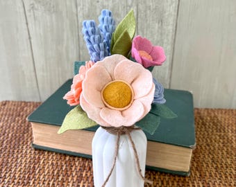 Spring Pastel Felt Flower Bouquet, Peach, Pink, Periwinkle, Choose with or without painted vase