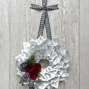 Christmas Wreath, Black & White Gingham Ribbon, Nostalgic Wreath, Farmhouse Christmas, Music Wreath, Winter Wreath, Red Paper Flowers, 10 image 6