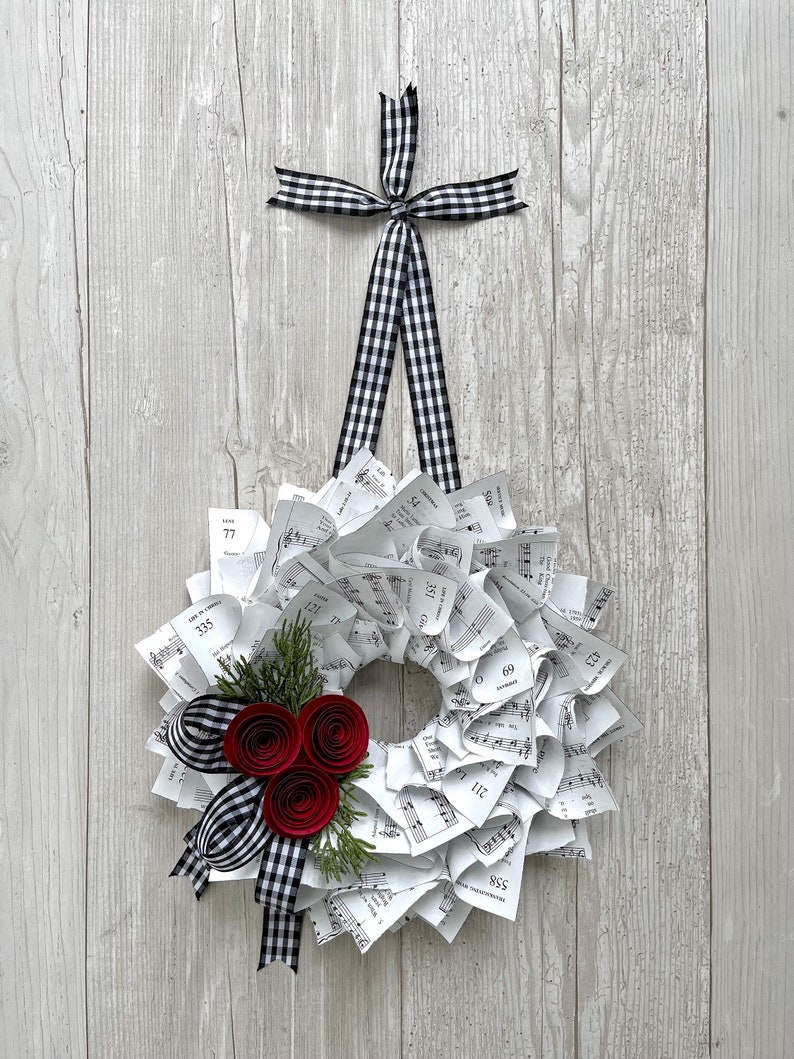 Christmas Wreath, Black & White Gingham Ribbon, Nostalgic Wreath, Farmhouse Christmas, Music Wreath, Winter Wreath, Red Paper Flowers, 10 image 6