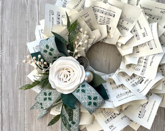 Winter Wreath, Music Wreath, Christmas Wreath, White, Green and Silver, White Felt Flowers, 15”