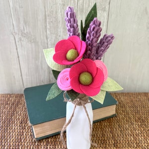 Bright Felt Flower Bouquet, Magenta and Purple, Choose with or without Vase