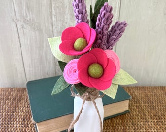 Bright Felt Flower Bouquet, Magenta and Purple, Choose with or without Vase