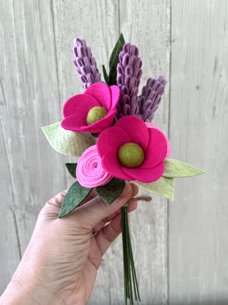 Bright Felt Flower Bouquet, Magenta and Purple, Choose with or without Vase Bild 5