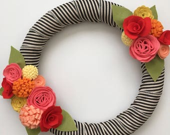 Bright Felt Flower Wreath, Summer Wreath, Black and White Striped Ribbon, Red, Orange, Yellow, Coral - 14"