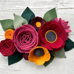 Vibrant Fall Felt Flowers, Jewel Tone, Brick, Raspberry, Burgundy, Assembled Flowers, Individual Flowers, Set of 8 Flowers with Leaves