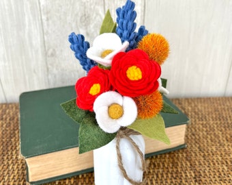 Summer Felt Flower Bouquet, Tomato Red & Blue, Choose with or without painted vase