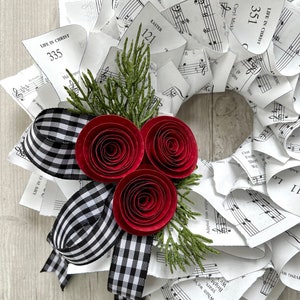 Christmas Wreath, Black & White Gingham Ribbon, Nostalgic Wreath, Farmhouse Christmas, Music Wreath, Winter Wreath, Red Paper Flowers, 10 image 1