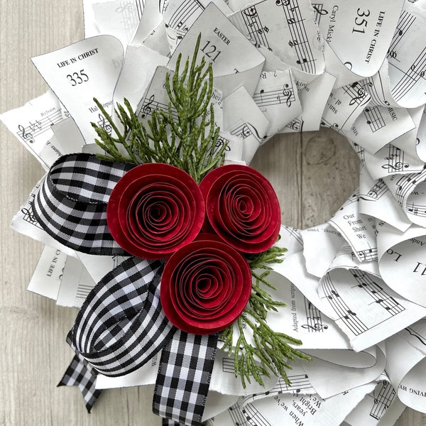 Christmas Wreath, Black & White Gingham Ribbon, Nostalgic Wreath, Farmhouse Christmas, Music Wreath, Winter Wreath, Red Paper Flowers, 10"