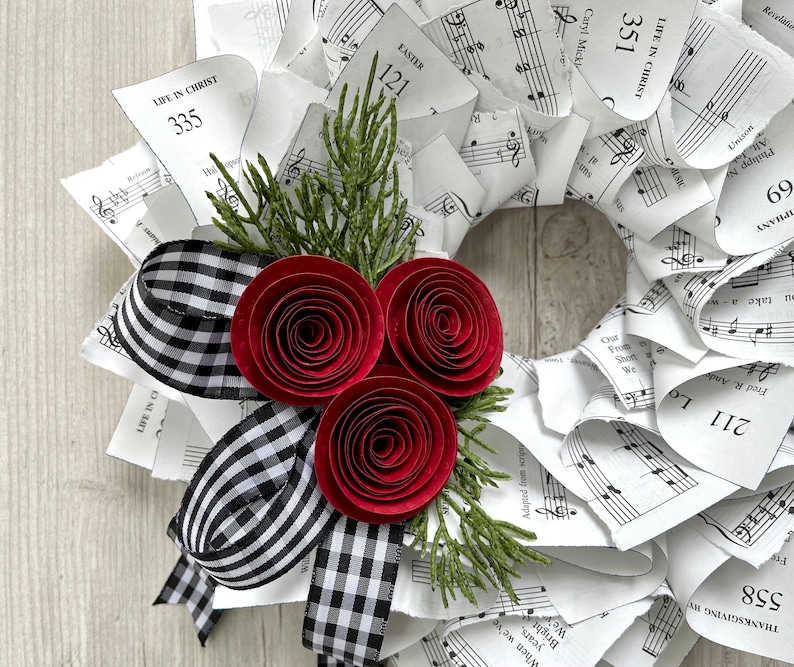 Christmas Wreath, Black & White Gingham Ribbon, Nostalgic Wreath, Farmhouse Christmas, Music Wreath, Winter Wreath, Red Paper Flowers, 10 image 1