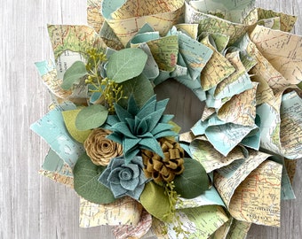 Ready to ship - World Map Wreath, Topographic Map, Asia, Africa, Paper Wreath with Felt Flowers, Green, Blue, Tan 15”